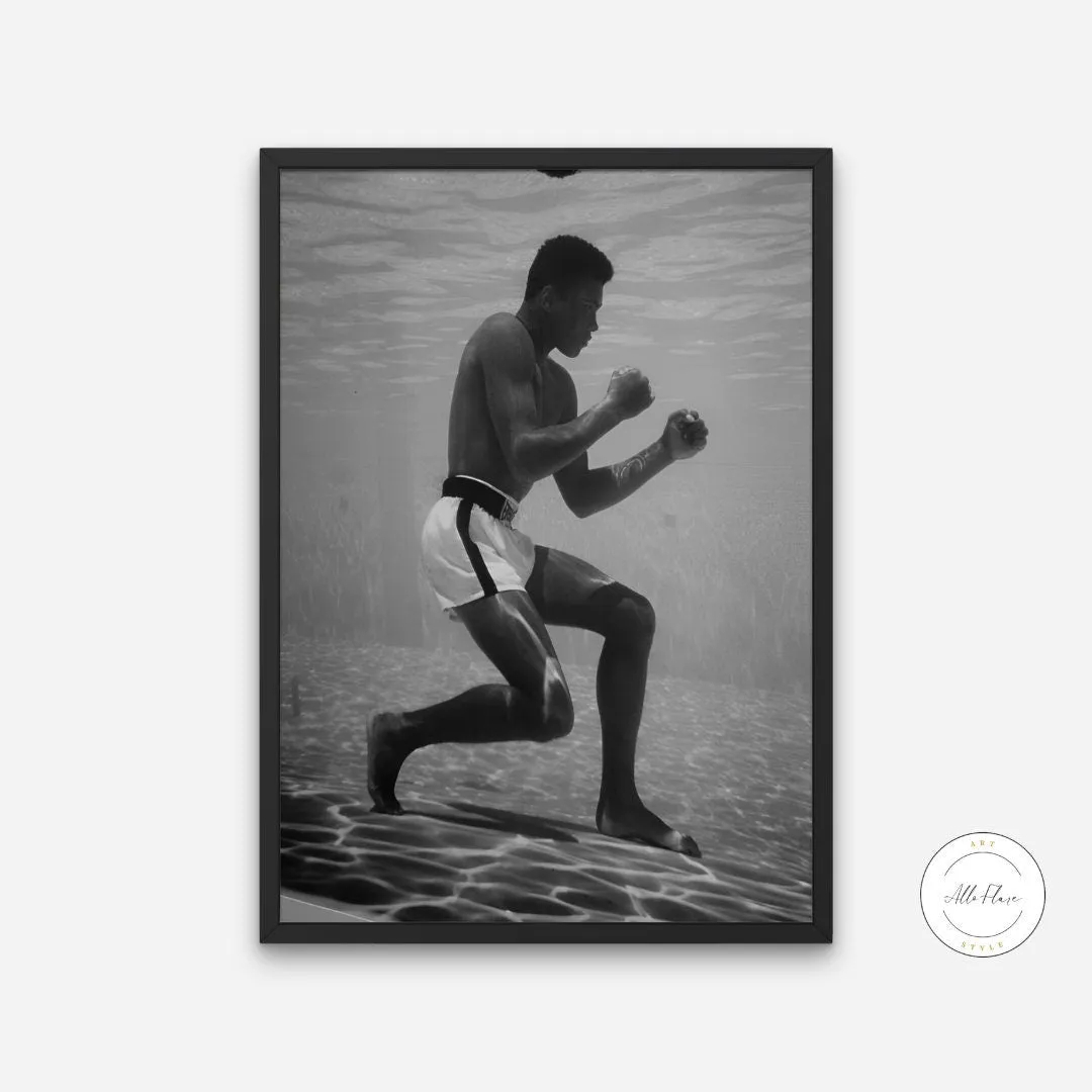 Black And White Muhammad Ali Poster PRINTABLE ART, Sports Prints, Hypebeast, Muhammed Ali Under Water, Boxing, Gym Poster, Black & White Sports Poster