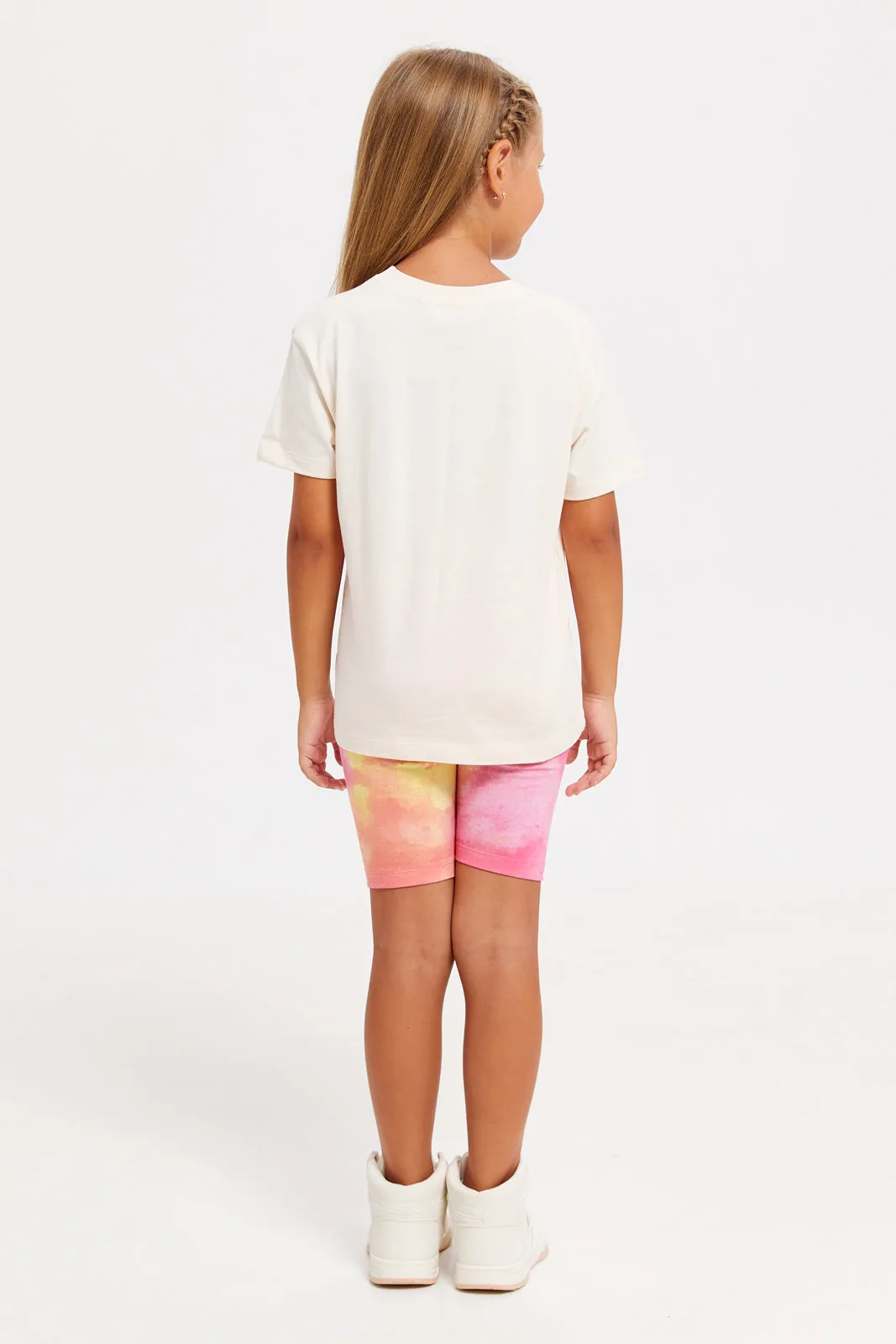 Girls Beige And Pink T-Shirt And Short Set (2 Piece)