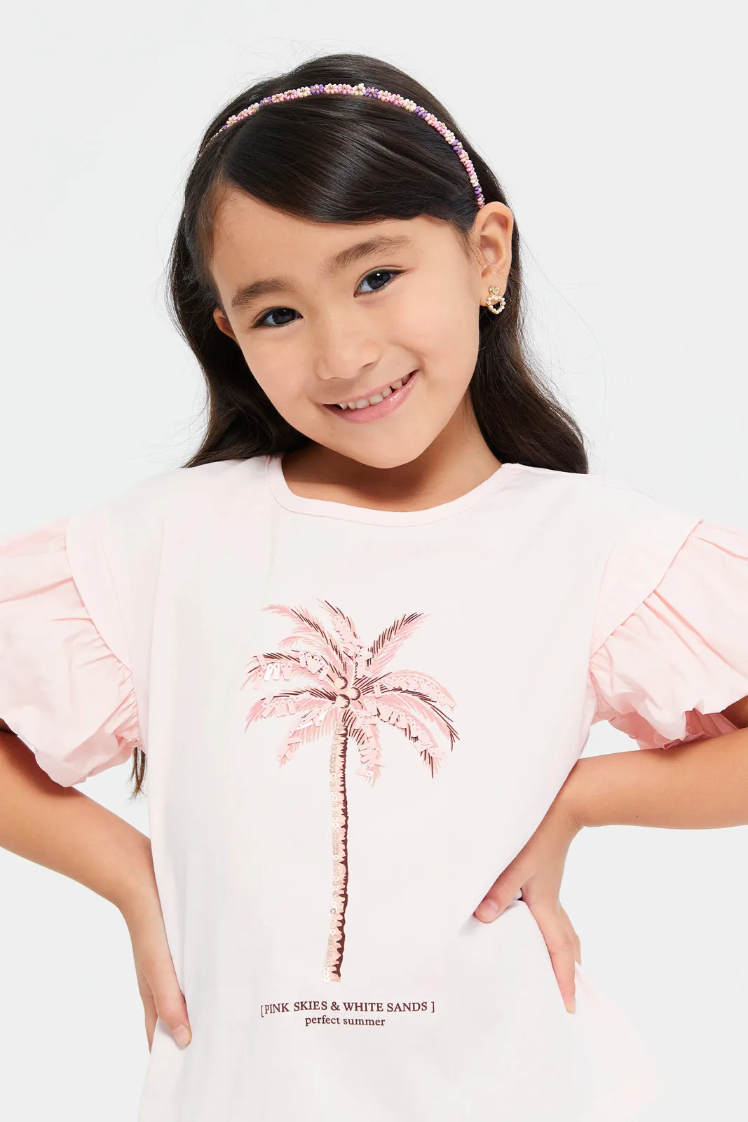 Girls Pink Embellished Palm Tree Sequins T-Shirt