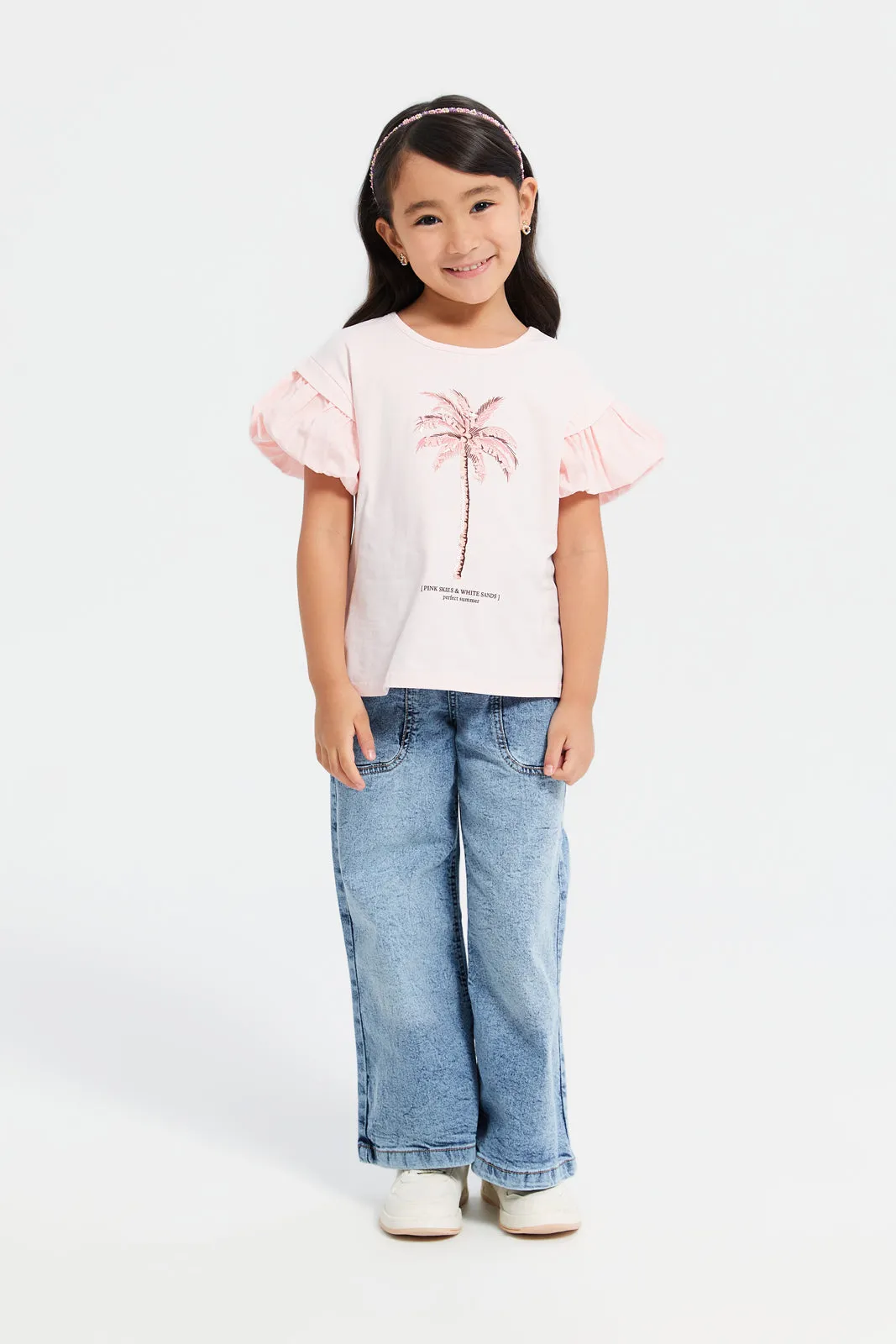 Girls Pink Embellished Palm Tree Sequins T-Shirt