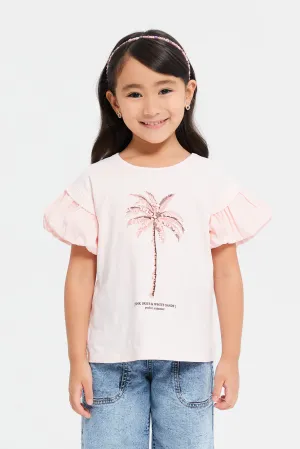 Girls Pink Embellished Palm Tree Sequins T-Shirt