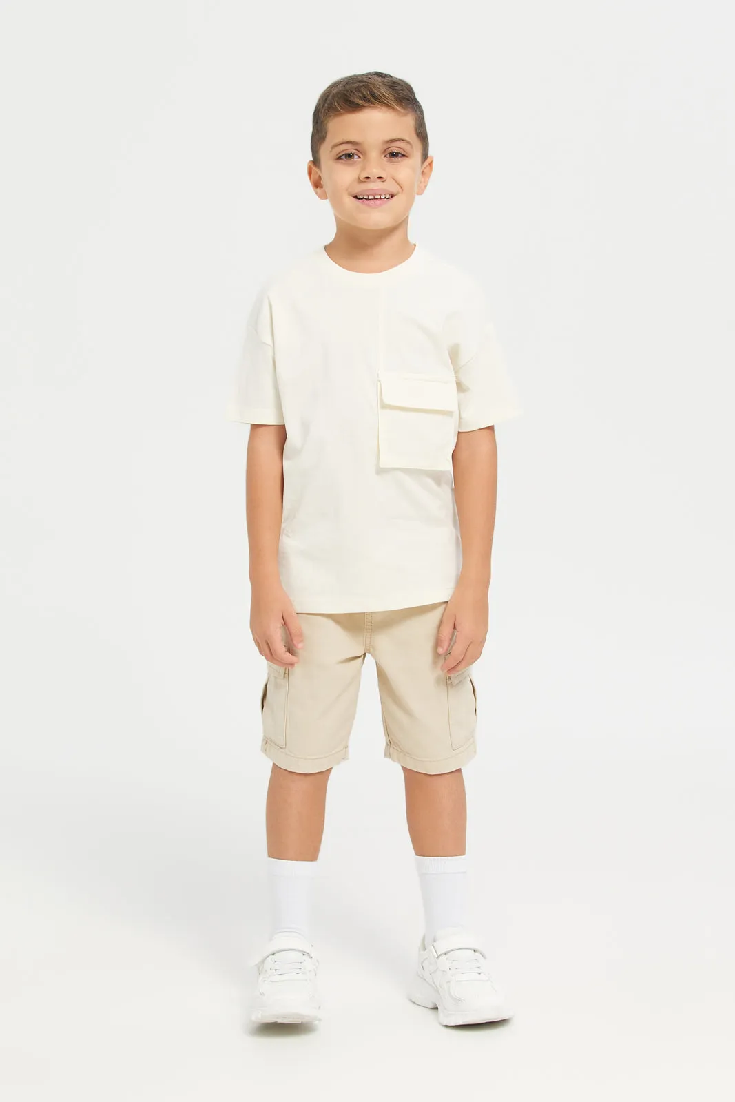 Junior Boys Ivory Oversize Pocket Tshirt