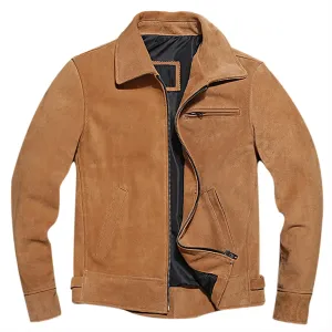 Men’s Trucker Vintage Brown Genuine Suede Turn-Down Collar Moto Biker Retro Leather Jacket