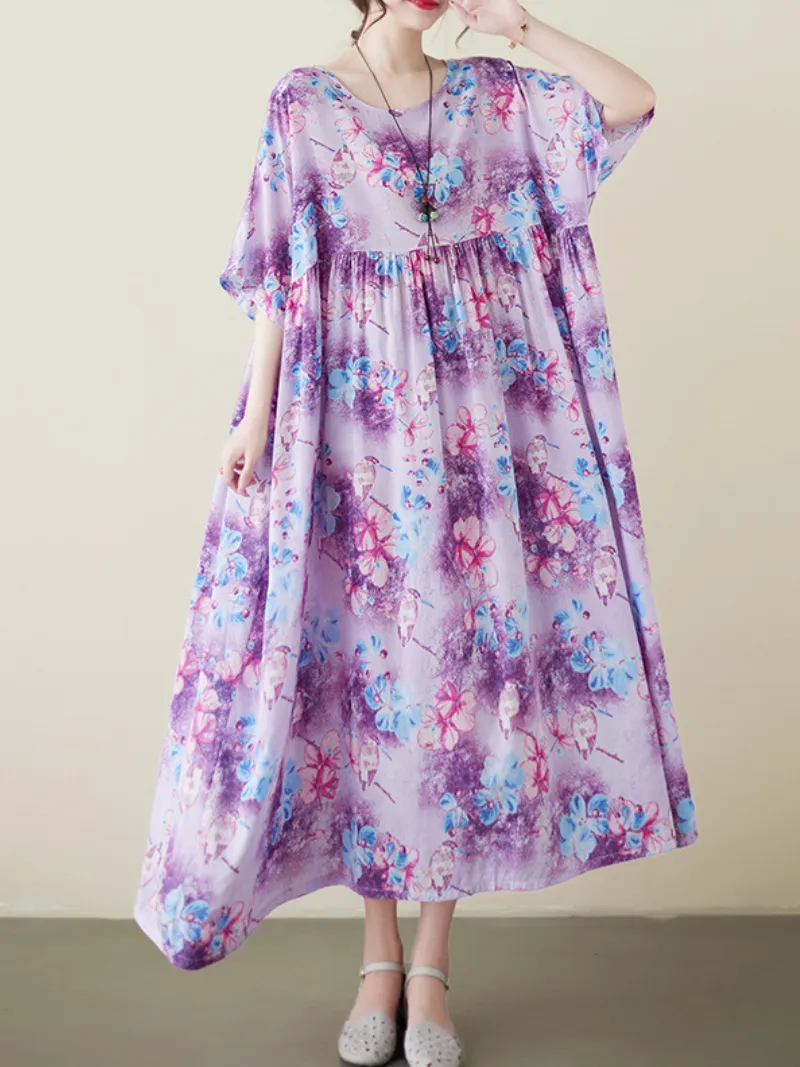 Mud Pie Women's Cotton Purple Floral Smock Dress