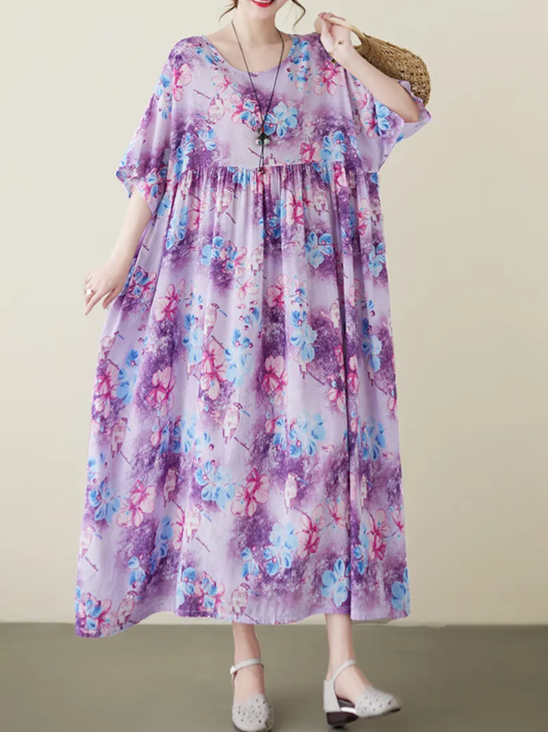 Mud Pie Women's Cotton Purple Floral Smock Dress