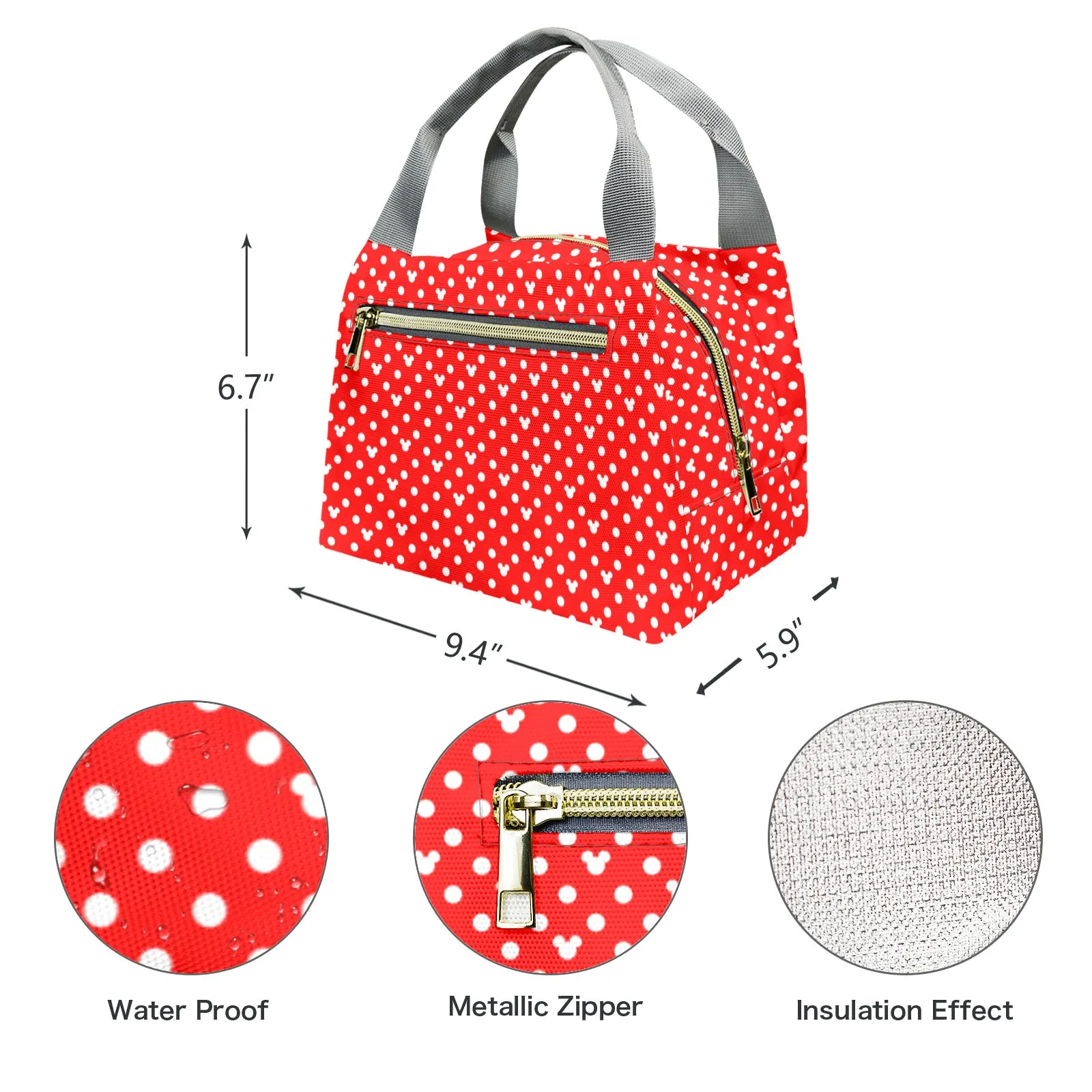 Red With White Mickey Polka Dots Portable Lunch Bag