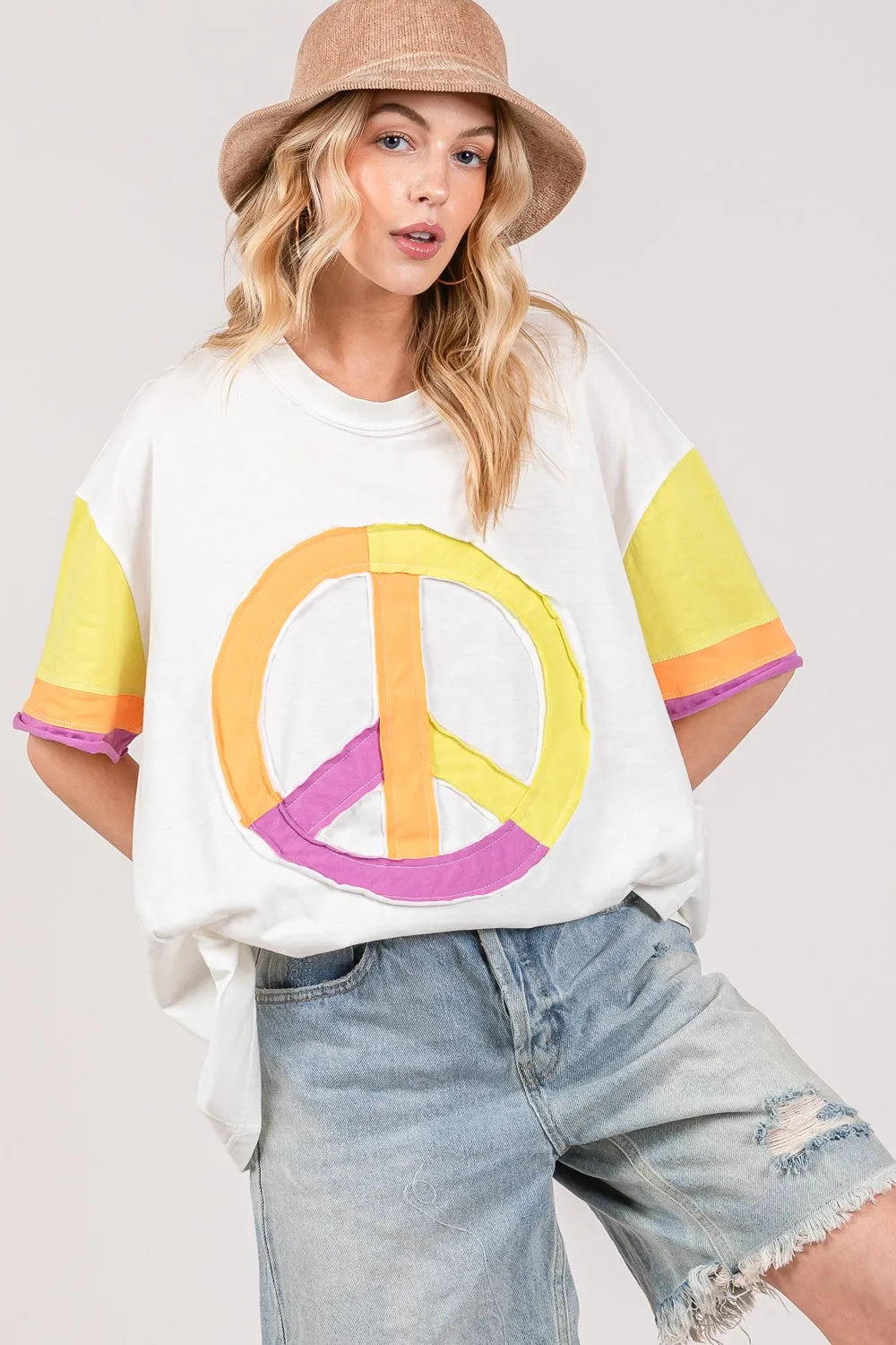 SAGE   FIG Color Block Peace Applique T-Shirt