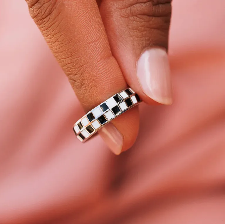 Silver Black and White Puravida Checkerboard Ring