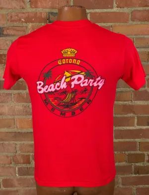 Vintage 80s Corona Beach Party Member Puff Print Red Pocket Tee Graphic T Shirt Unisex Medium